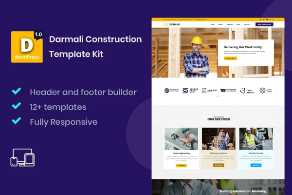 Darmali construction Elementor template kit page previews
