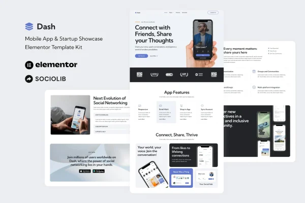 Dash mobile app and startup Elementor template kit preview