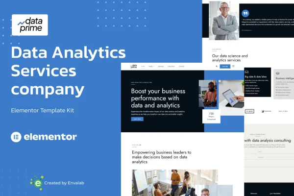 Dataprime Elementor template kit preview for a data analytics services website