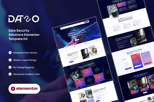 Dataso data security Elementor template kit cover showing website page layouts