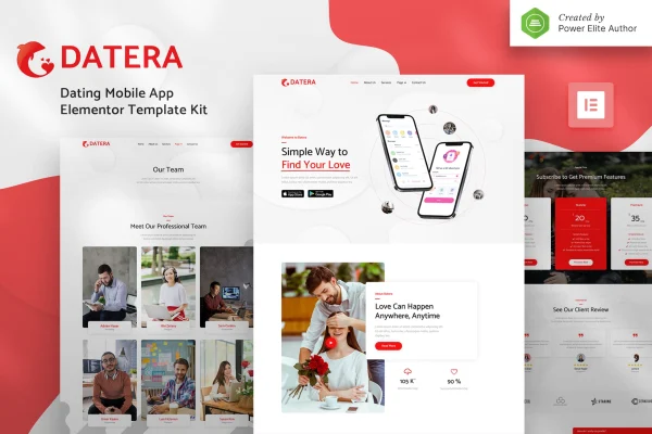 Datera online dating mobile app landing Elementor template kit preview