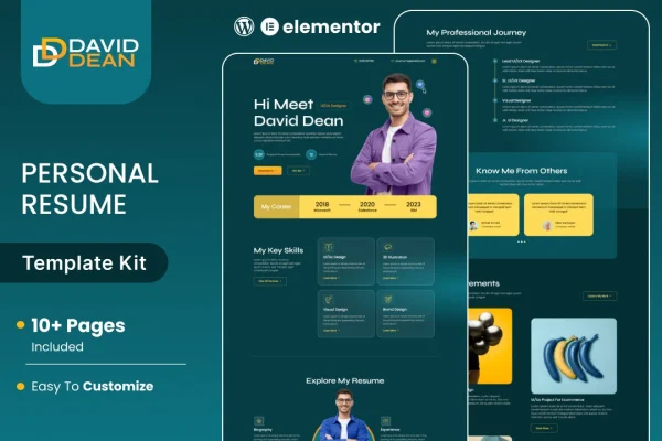 DavidDean personal portfolio and resume Elementor template kit preview