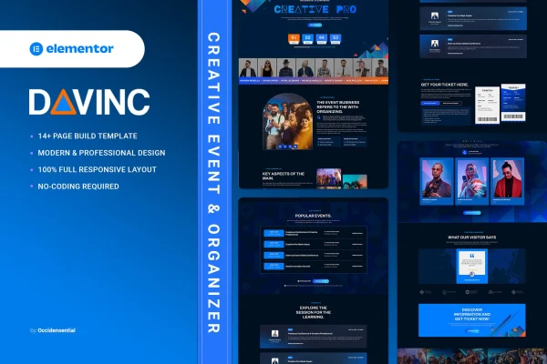 Davinc Elementor template kit preview showing creative event and organizer website pages