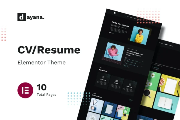 Dayana resume Elementor template kit cover showing portfolio page layouts