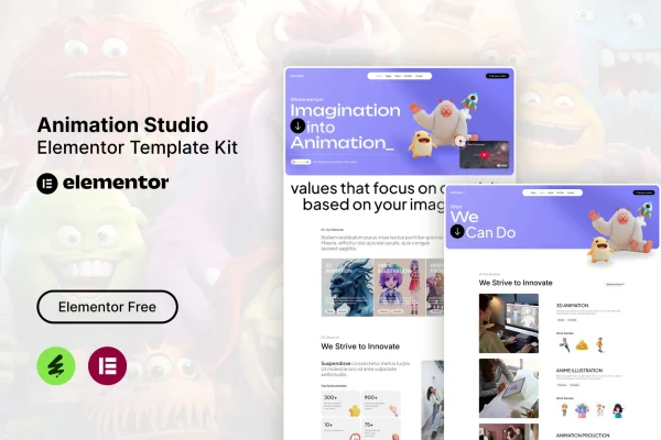 Debv animation studio Elementor template kit preview showing portfolio page layouts