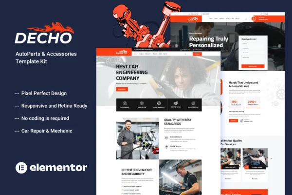 Decho car repair mechanic Elementor template kit preview