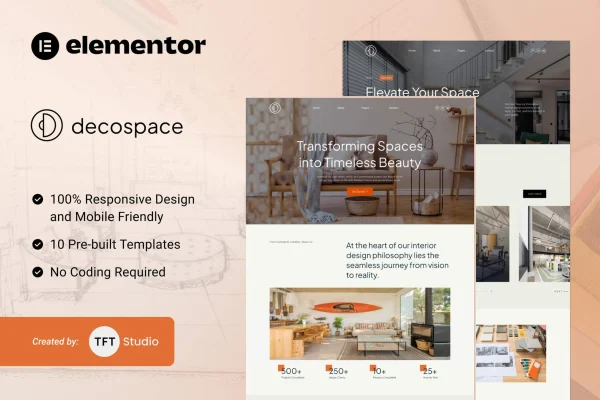 Decospace home decor Elementor template kit preview with modern interior page layouts
