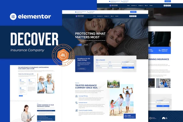 Decover insurance company Elementor template kit preview