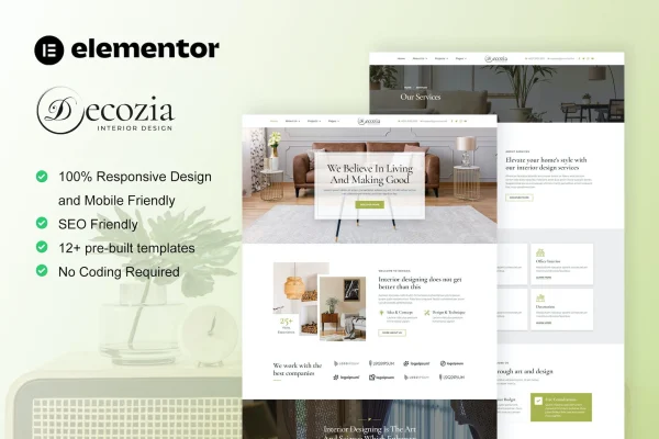 Decozia interior design Elementor template kit cover showing website page layouts