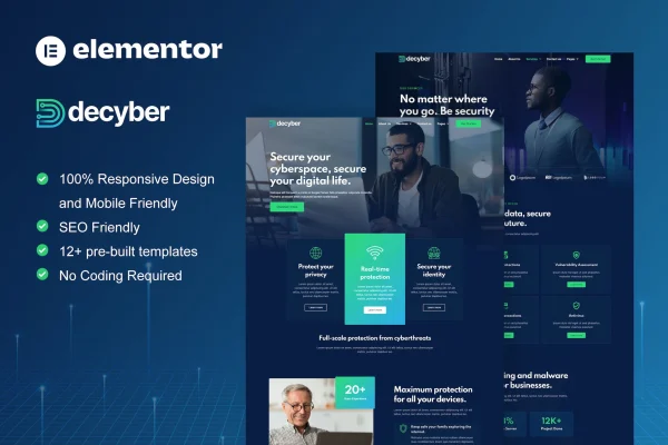 Decyber cyber security services Elementor template kit page previews