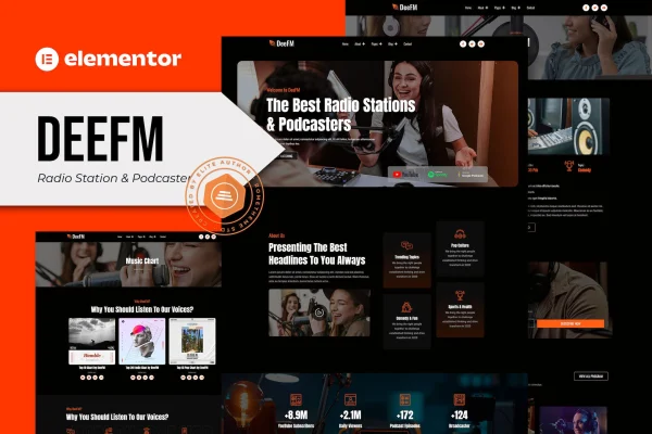 DeeFM radio station and podcaster Elementor template kit cover image