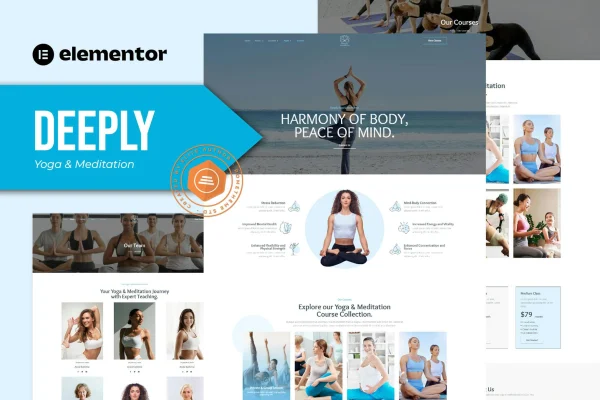 Deeply yoga and meditation Elementor template kit preview with calm, earthy page layouts