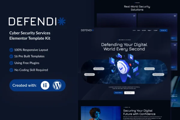 Defendio cyber security services Elementor template kit preview