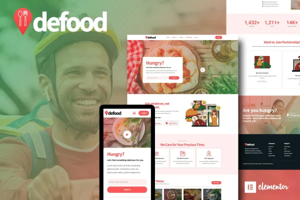 DeFood food delivery Elementor template kit preview showing page layouts