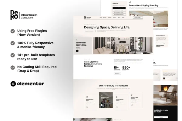 Deko interior design consultant Elementor template kit preview