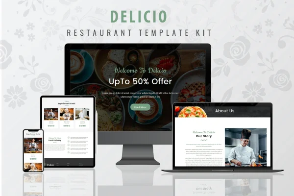 Delicio restaurant Elementor template kit preview with food and dining page layouts
