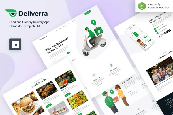 Deliverra food and grocery delivery app Elementor template kit preview
