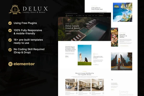 Delux luxury hotel and resort Elementor template kit preview
