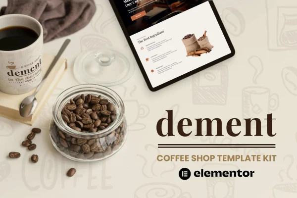 Dement coffee shop Elementor template kit cover showing café website page layouts
