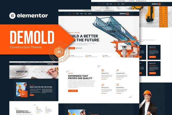 Demold construction Elementor template kit cover showing website page layouts