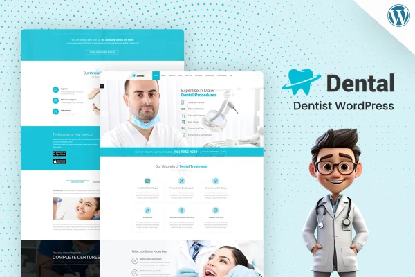 Dental Clinic WordPress theme preview showing a dentist website homepage