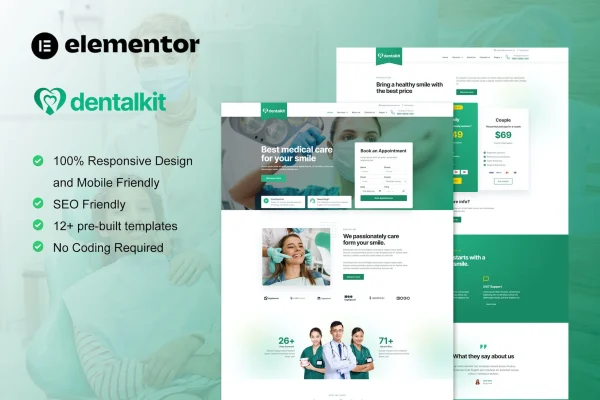 Dentalkit Elementor template kit preview for dentist and medical service websites