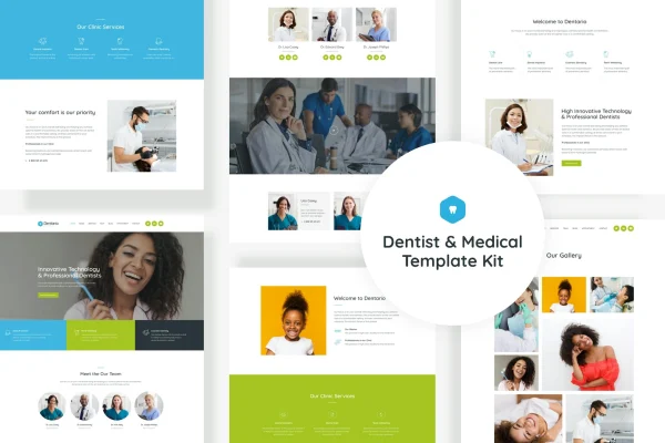 Dentario dentist and medical Elementor template kit cover showing clinic website page designs