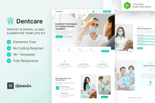 Dentcare dentist and dental clinic Elementor template kit preview