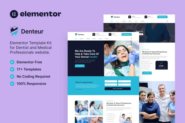 Denteur dentist and dental clinic Elementor template kit preview