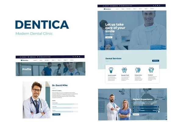 Dentica dental clinic Elementor template kit preview showing homepage layouts