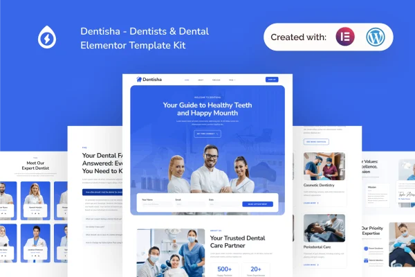 Dentisha dental Elementor template kit preview showing clinic website pages