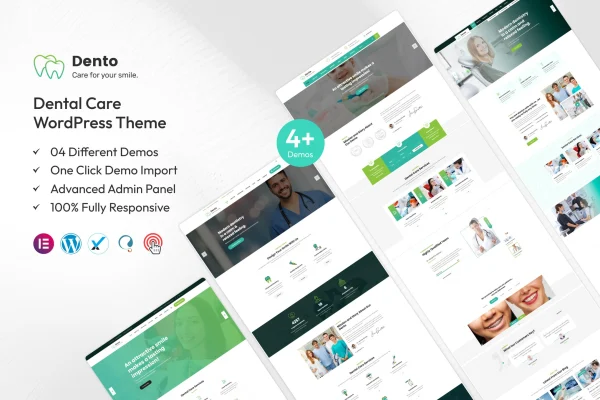 Dento dental care WordPress theme preview with clinic homepage layout