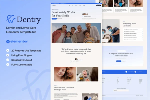 Dentry dental care Elementor template kit preview