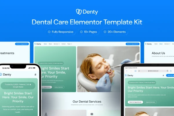 Denty dental care Elementor template kit preview with clinic website page layouts