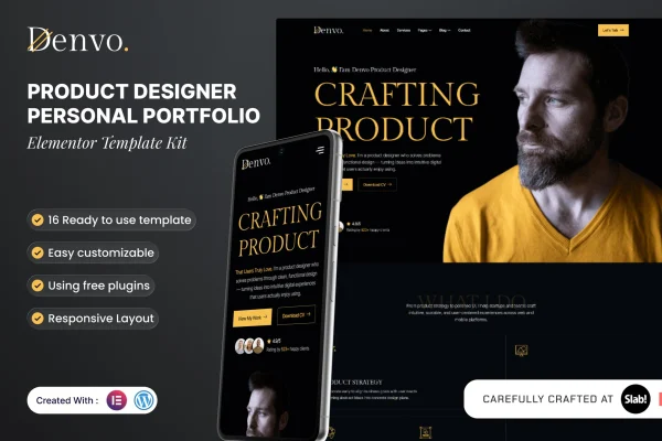 Denvo product designer portfolio Elementor template kit preview