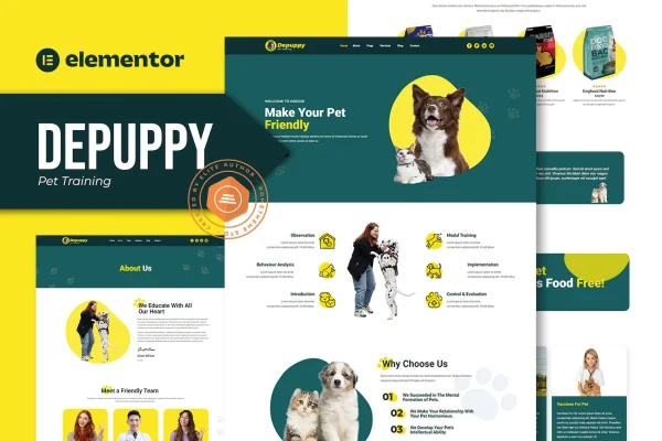 Depuppy pet training Elementor template kit preview showing website page layouts