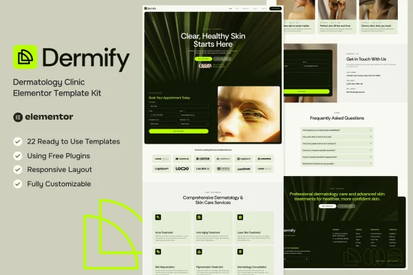 Dermify dermatology clinic Elementor template kit preview