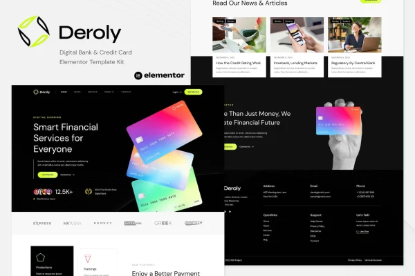 Deroly digital bank and credit card Elementor template kit preview