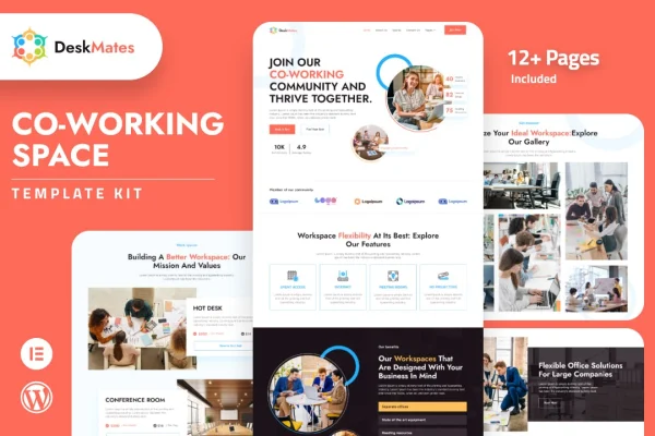 Deskmates coworking space Elementor template kit preview showing website page layouts