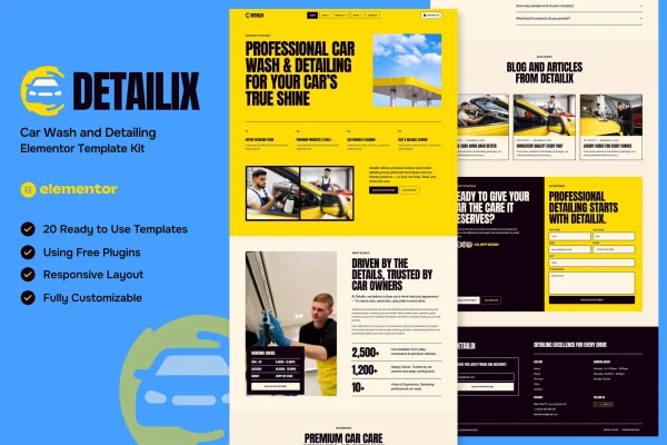 Detailix car wash and detailing Elementor template kit cover image