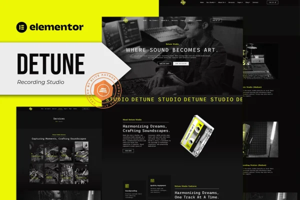 Detune recording studio Elementor Pro template kit preview
