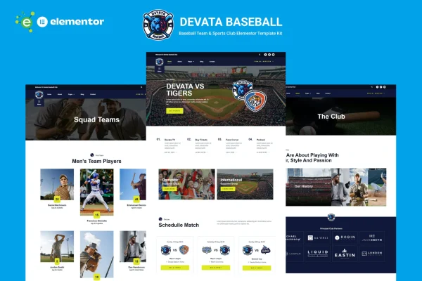 Devata baseball team and sports club Elementor template kit preview