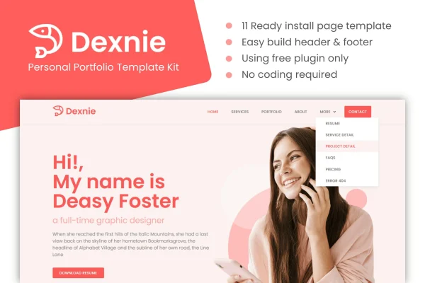 Dexnie personal portfolio Elementor template kit preview
