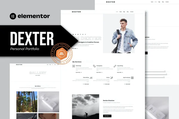 Dexter personal portfolio Elementor template kit preview