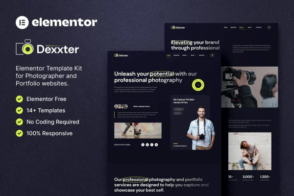 Dexxter photography and portfolio Elementor template kit preview