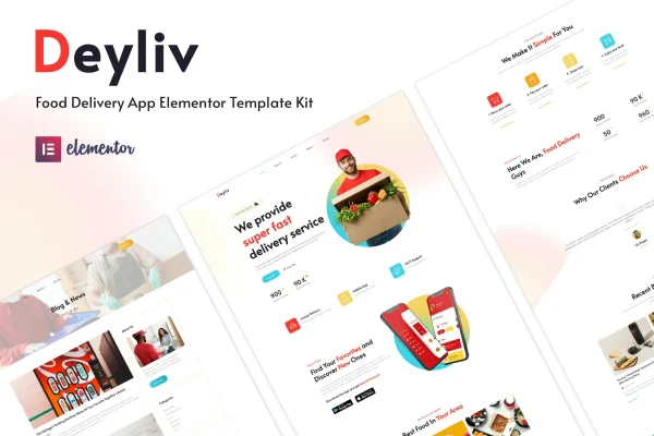 Deyliv food delivery app Elementor template kit cover showing page layouts