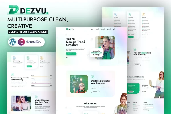 DezVu creative agency Elementor template kit preview with page layouts