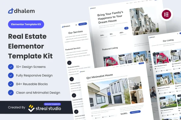 Dhalem Real Estate Elementor Template Kit preview showing real estate website page layouts