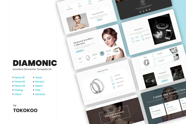 Diamonic jewelry store Elementor template kit preview with elegant product pages