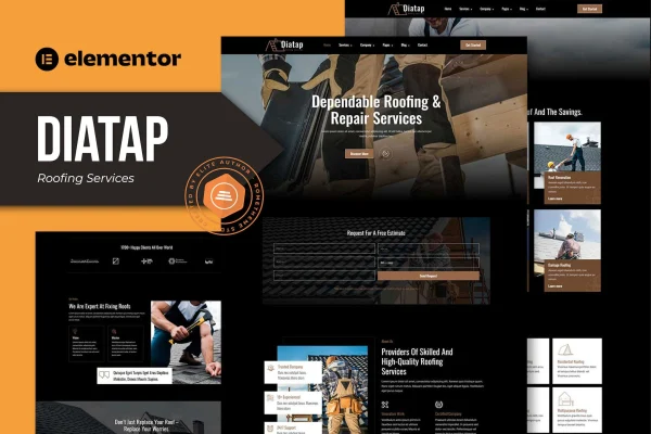 Diatap roofing services Elementor template kit cover with website page previews